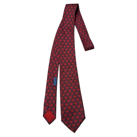 HERMÈS Paris Geometric Link Red and Blue Pattern 7075 OA Silk Tie - Picture 3 of 8